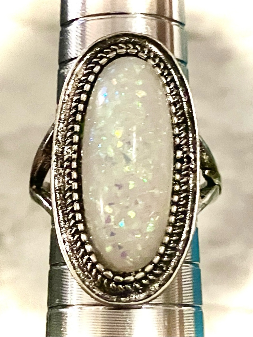 White Oval Opal Statement Ring Silver Tone Boho Rope Bezel